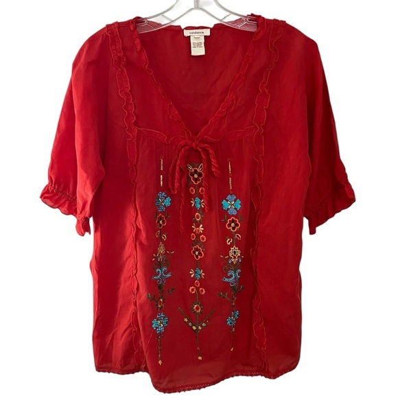 Sundance Red Floral Embroidered Tunic Top Small Oversized Short Sleeve Boho - Picture 1 of 9